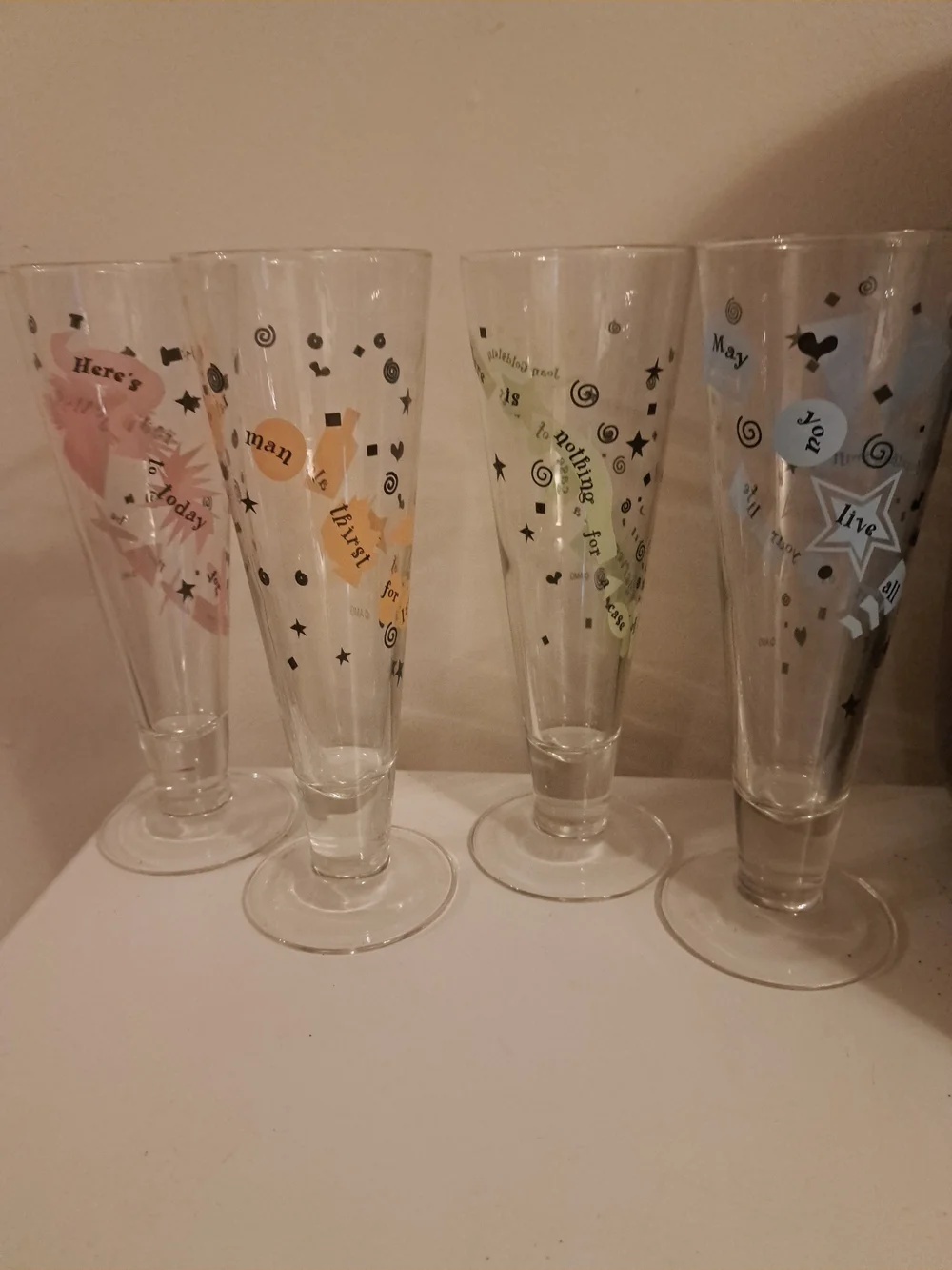 Vtg Decorative Glassware Set - Orange, Green,Blue, Pink Accent Pilsner Flutes 9
